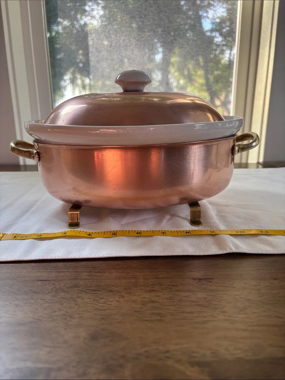 Vintage Old Dutch Copper Covered Casserole Dish. Brass Handles